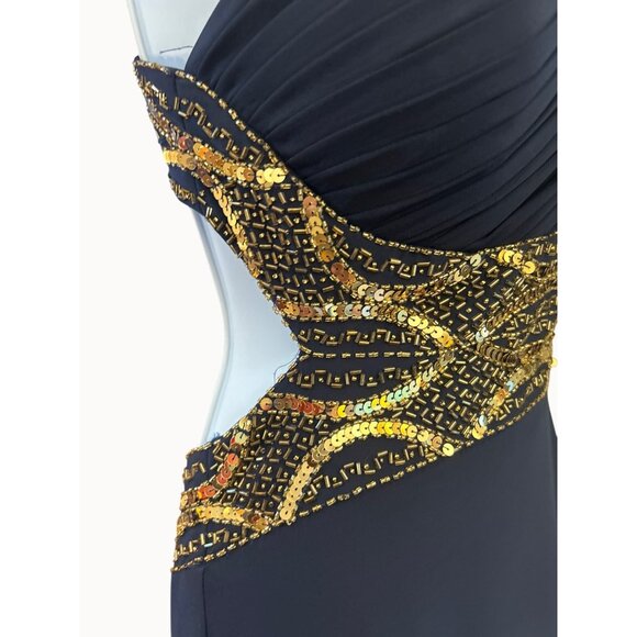 Aqua Dress Navy Gold One Shoulder Evening Gown Sz 4 Open Back Luxe Beaded Formal - Picture 6 of 9